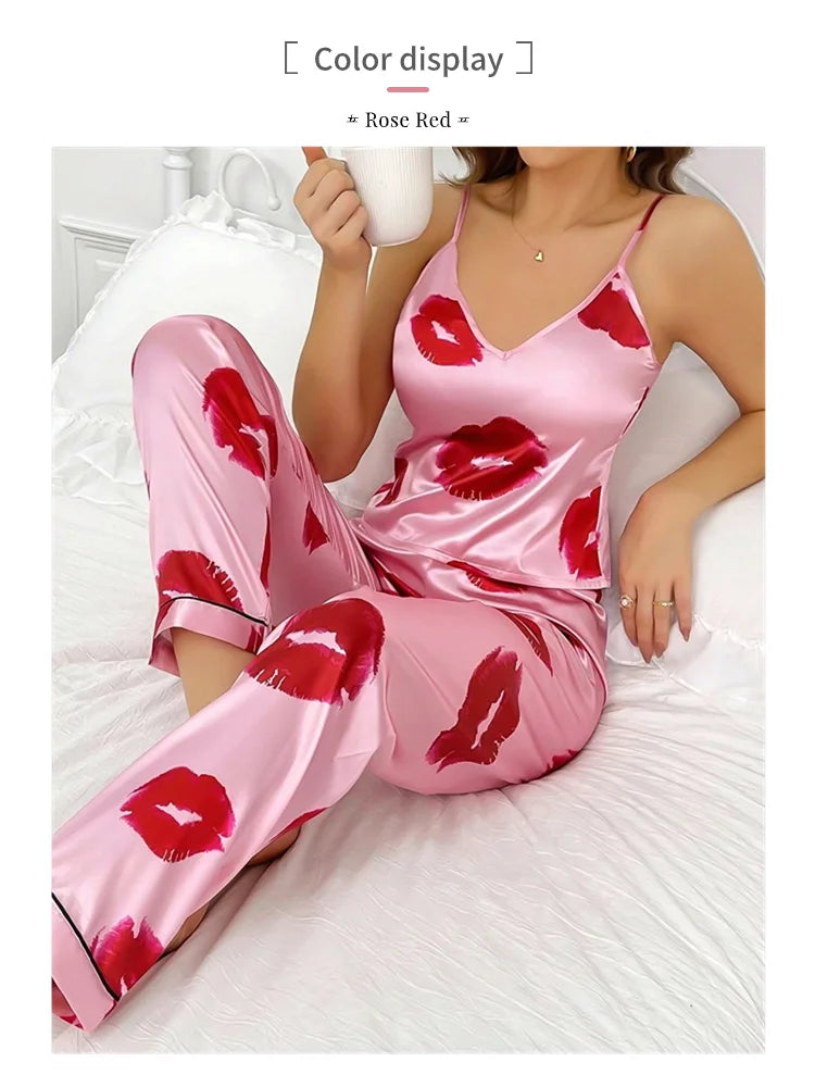 SatinLuxe™ Lip Print Pajama Set – Elegant Women's Sleepwear