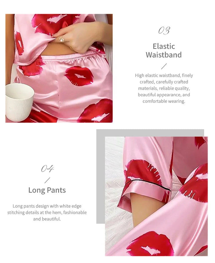 SatinLuxe™ Lip Print Pajama Set – Elegant Women's Sleepwear