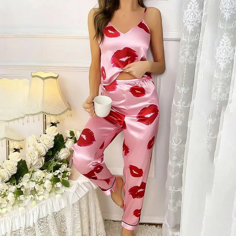 SatinLuxe™ Lip Print Pajama Set – Elegant Women's Sleepwear