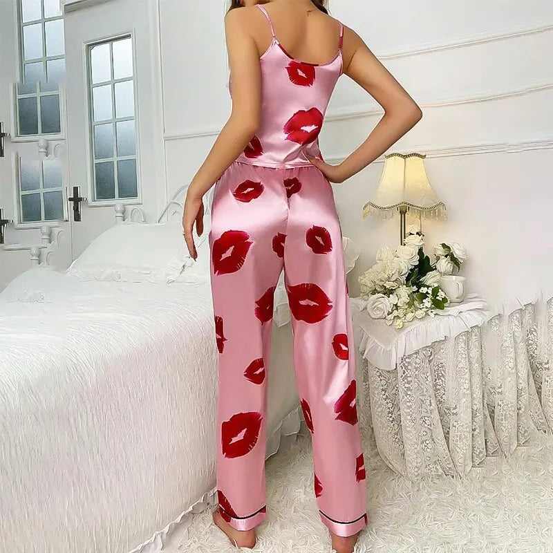 SatinLuxe™ Lip Print Pajama Set – Elegant Women's Sleepwear