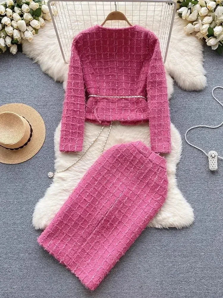 Rose Luxe Tweed Suit – Elegant Woolen Jacket & Midi Skirt Set for Women

What Customers Are Saying:
“A timeless ensemble that exudes sophistication and charm.”
“Perfectly tailored with luxurious details—ideal for el