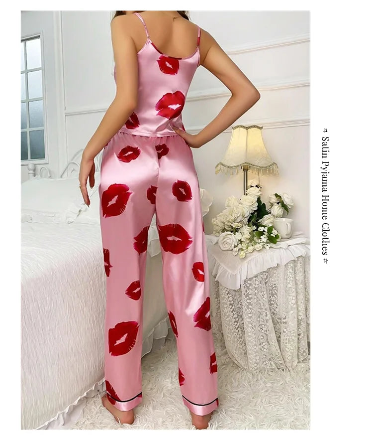 SatinLuxe™ Lip Print Pajama Set – Elegant Women's Sleepwear