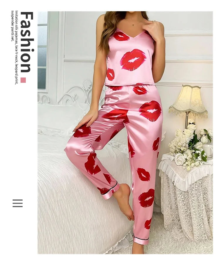 SatinLuxe™ Lip Print Pajama Set – Elegant Women's Sleepwear