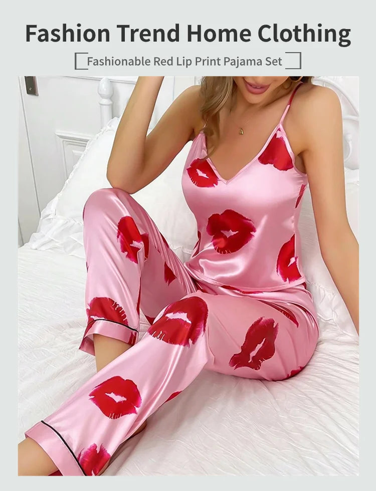 SatinLuxe™ Lip Print Pajama Set – Elegant Women's Sleepwear