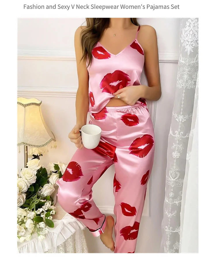 SatinLuxe™ Lip Print Pajama Set – Elegant Women's Sleepwear