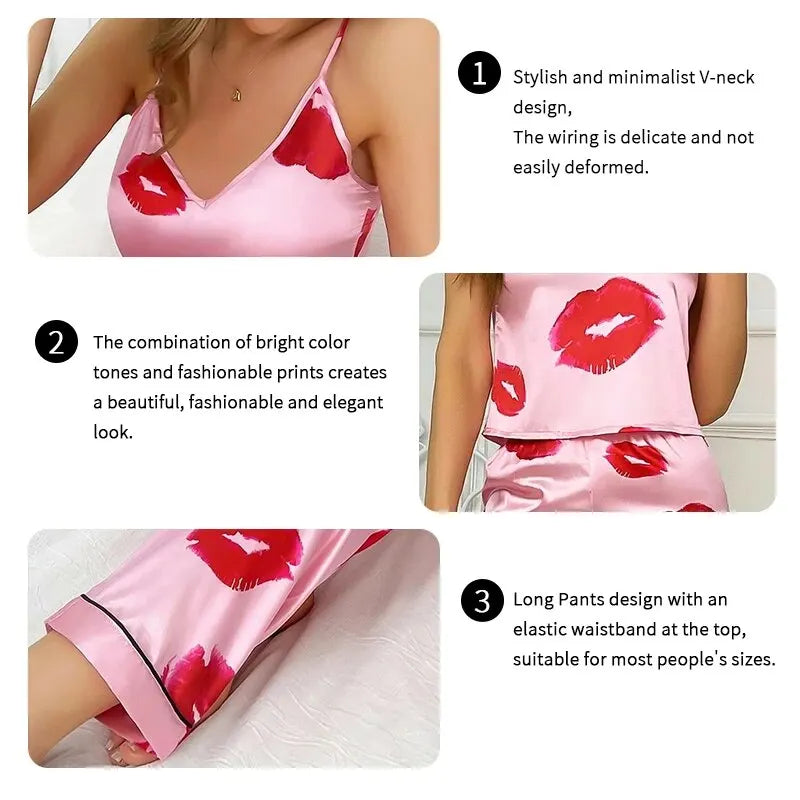 SatinLuxe™ Lip Print Pajama Set – Elegant Women's Sleepwear