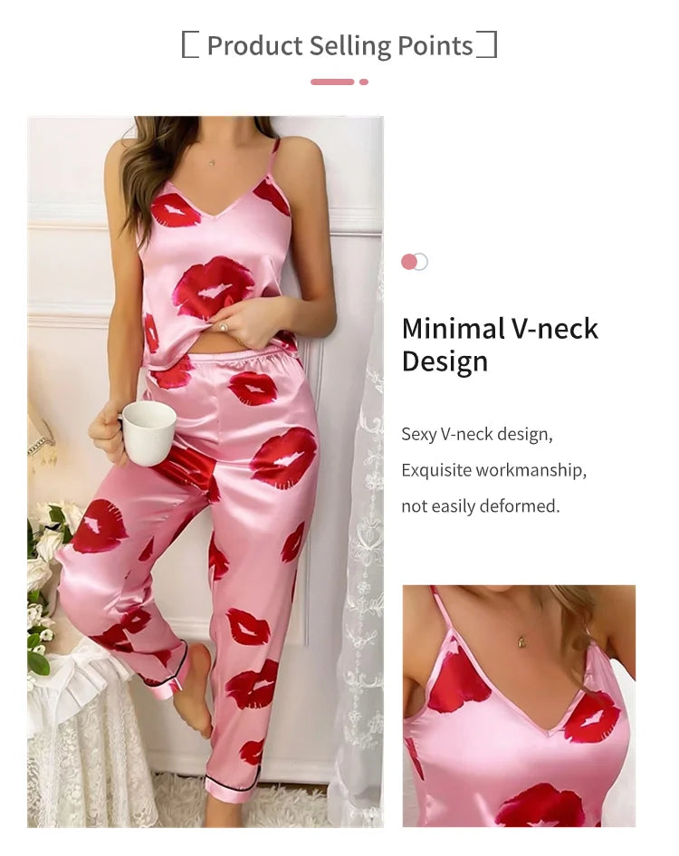 SatinLuxe™ Lip Print Pajama Set – Elegant Women's Sleepwear